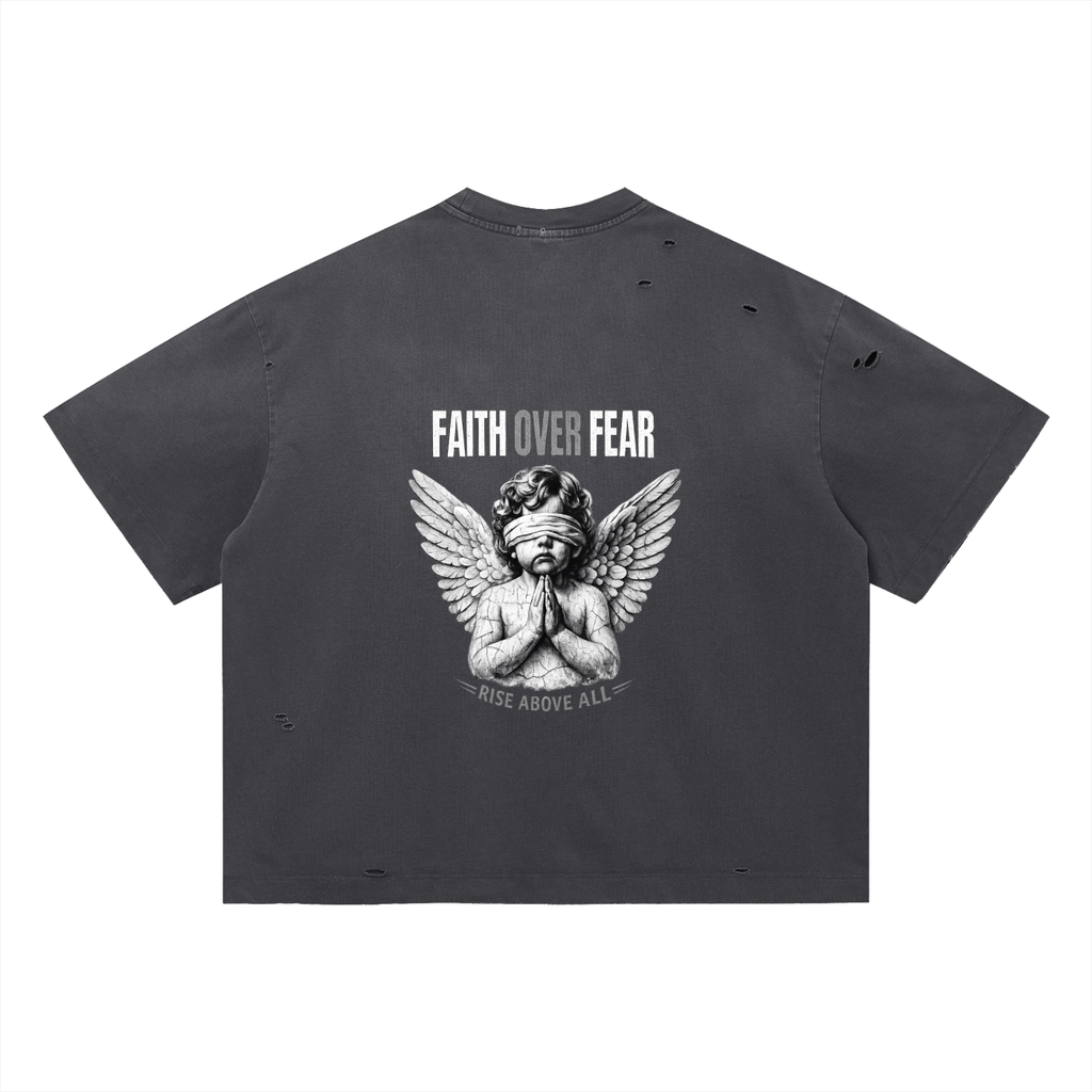 Faith Over Fear - Vintage Washed Distressed Oversized Shirt