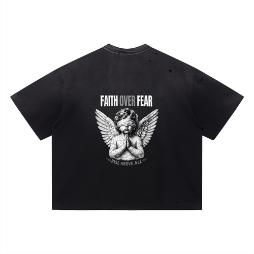 Faith Over Fear - Vintage Washed Distressed Oversized Shirt